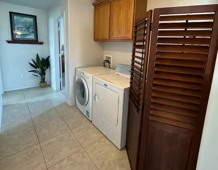 Laundry room with a washer and dryer, wooden cabinets, a folding screen, and a potted plant in the corner.