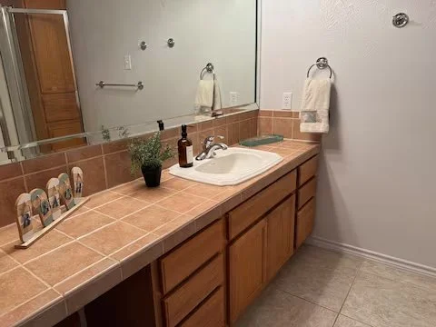 Bathroom vanity with a tiled countertop, a white sink, a mirror, and a small potted plant.