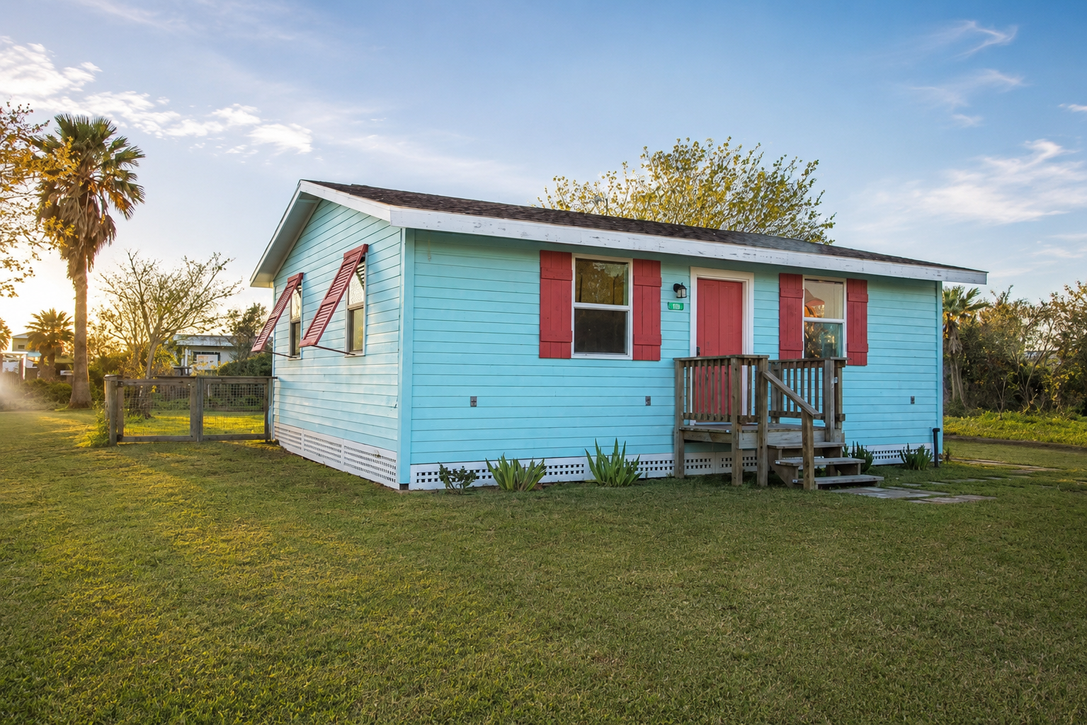 Colorful small house painted turquoise with red shutters and a red door, small wooden porch, grassy yard, trees, palm trees, and a blue sky with clouds.