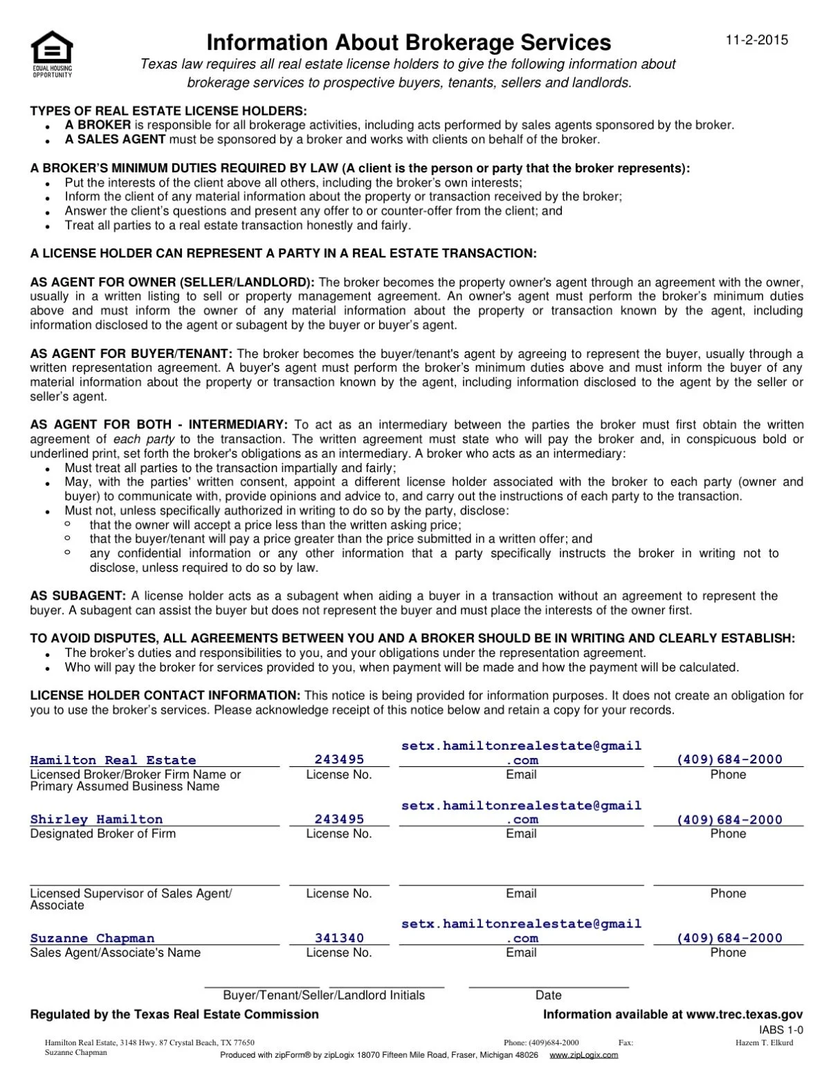 A legal document titled 'Information About Brokerage Services' from Texas, dated November 2, 2015, detailing real estate licensing laws, duties of brokers, types of license holders, and contact information for agents Hamilton Real Estate, Shirley Hamilton, and Suzanne Chapman, including their license numbers, emails, and phone numbers.