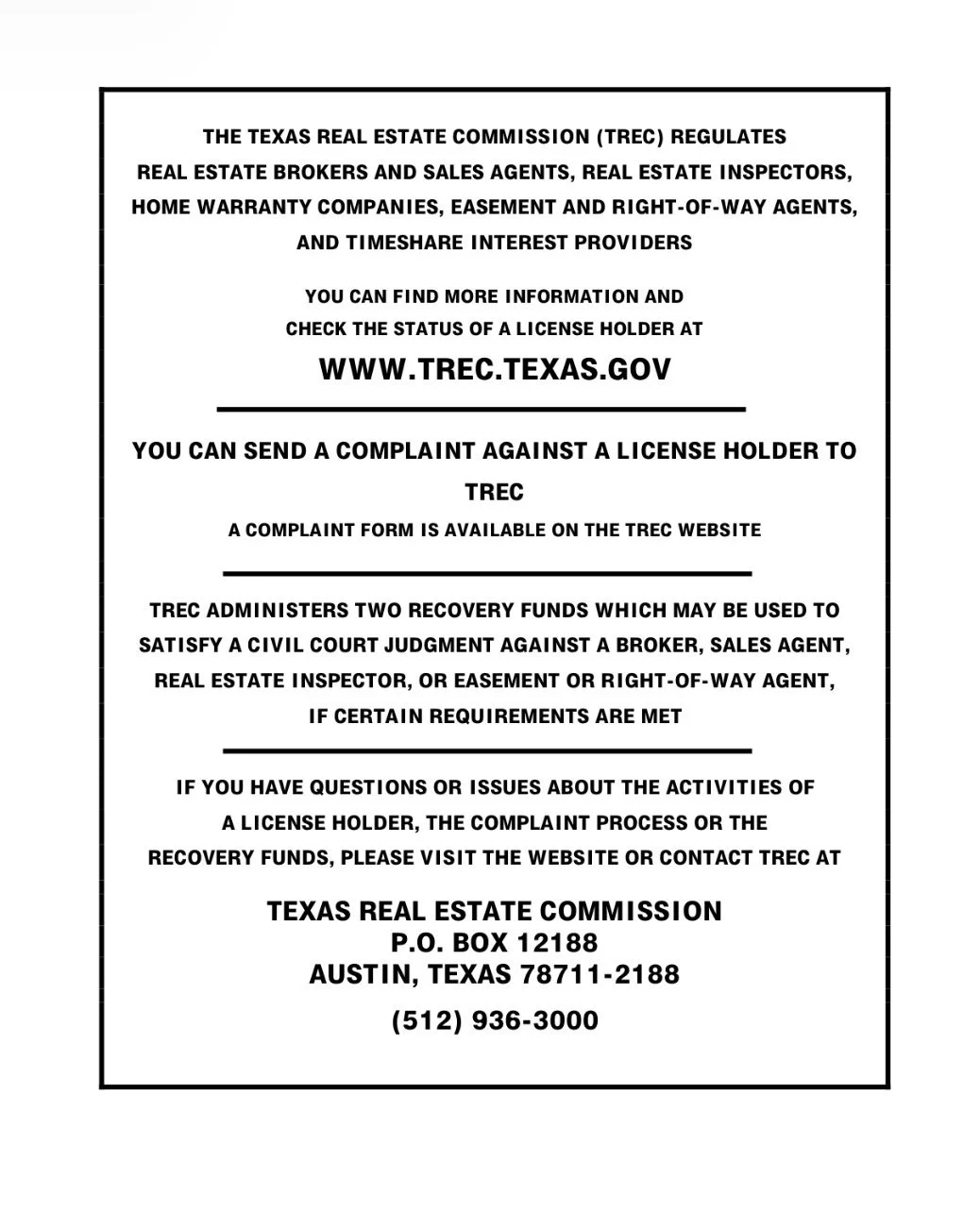 Information about the Texas Real Estate Commission, including website, complaint process, and contact details.
