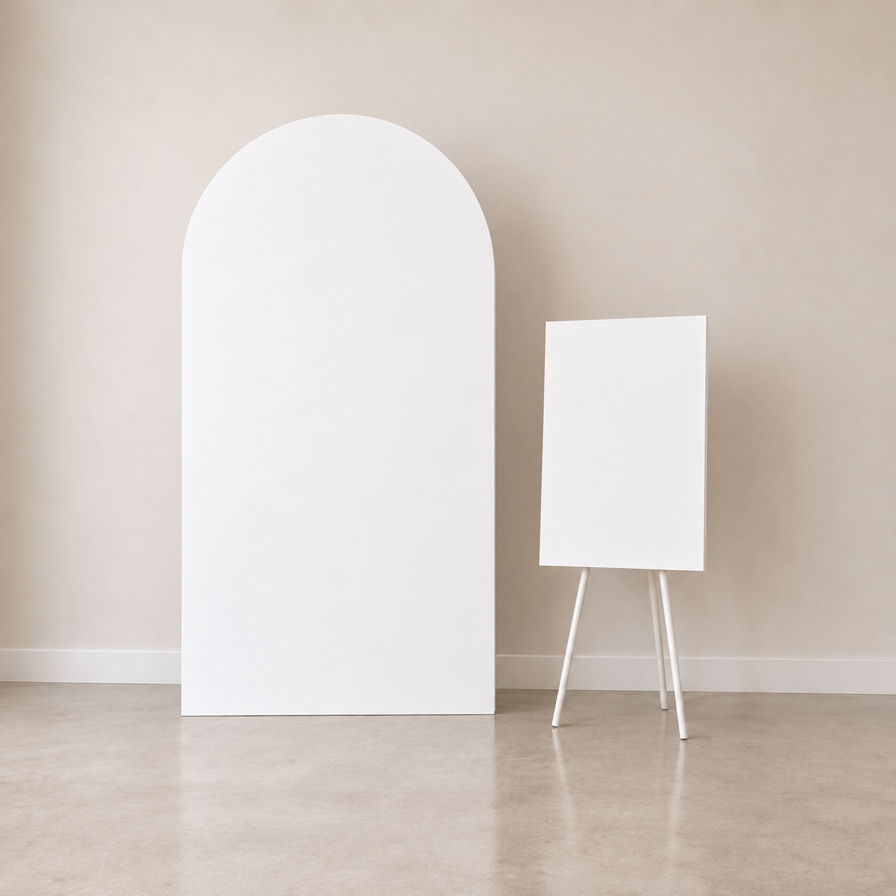 A white rectangular and arch-shaped display boards, one on a stand, photographed against a neutral beige backdrop.