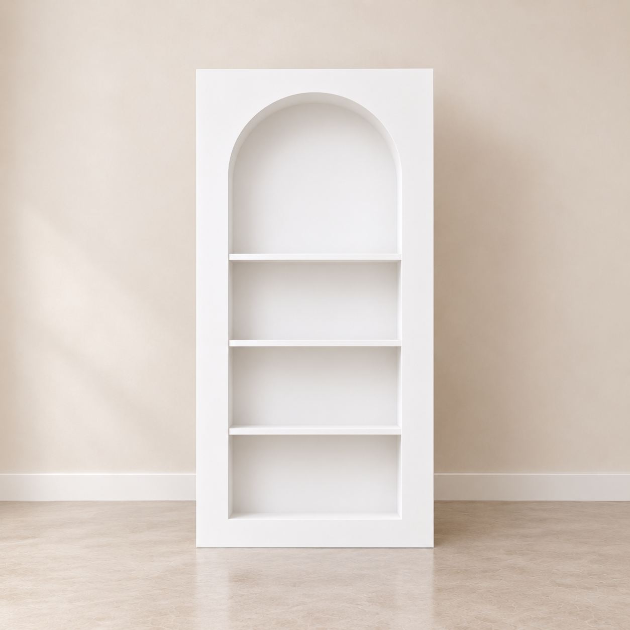 White arched freestanding display shelf with four open shelves, photographed against a neutral beige backdrop.