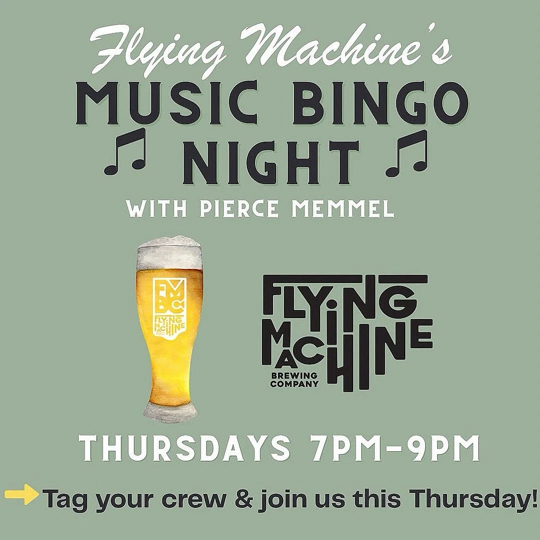 Tonight! Join us for Music Bingo with @pierce.memmel at 7pm. @kimchitacowilmington will be here serving their amazing eats from 5-8pm. Bring your favorite people and enjoy some friendly competition, tunes, and prizes along with your favorite Flying M