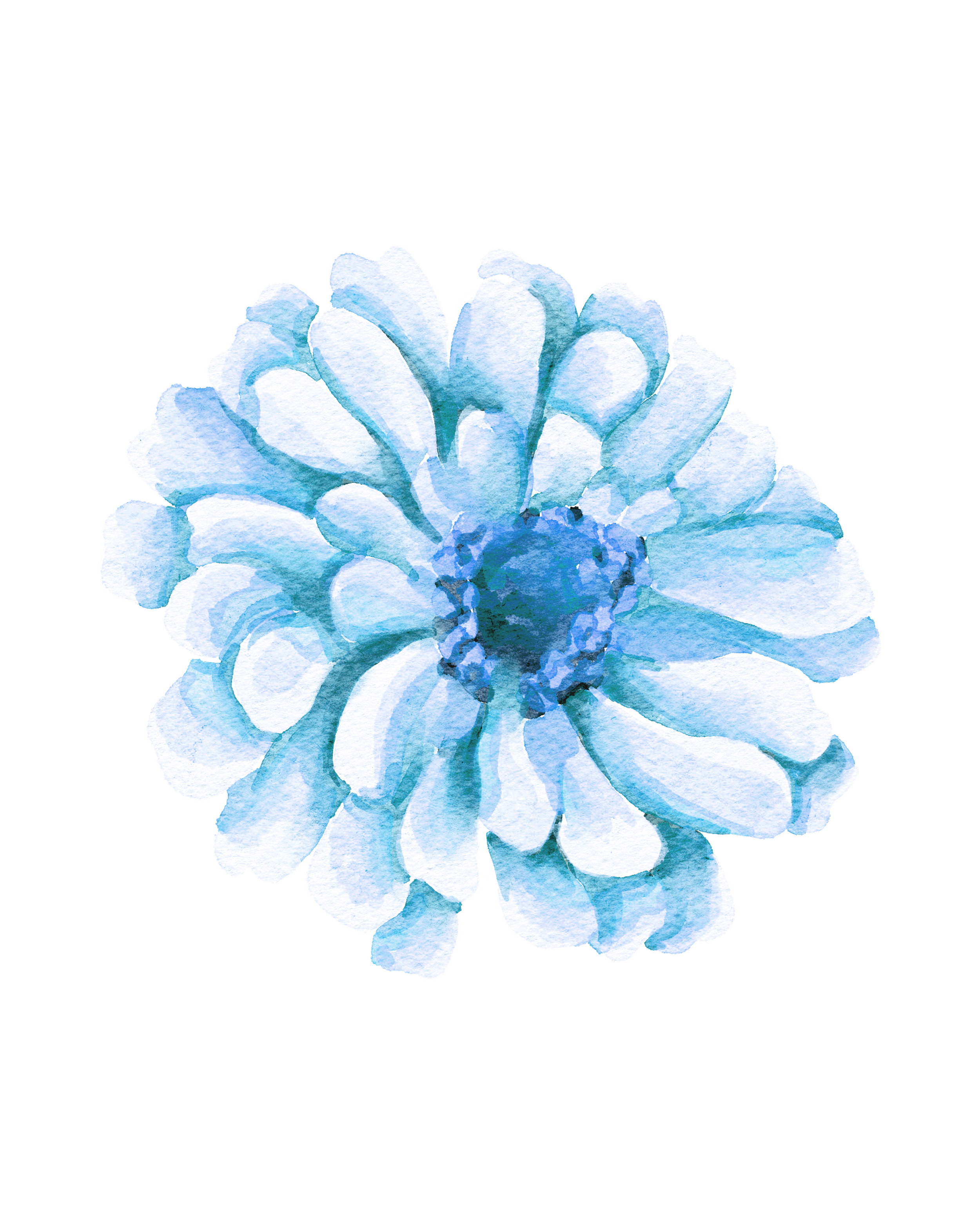 Watercolor painting of a light blue flower with multiple petals.