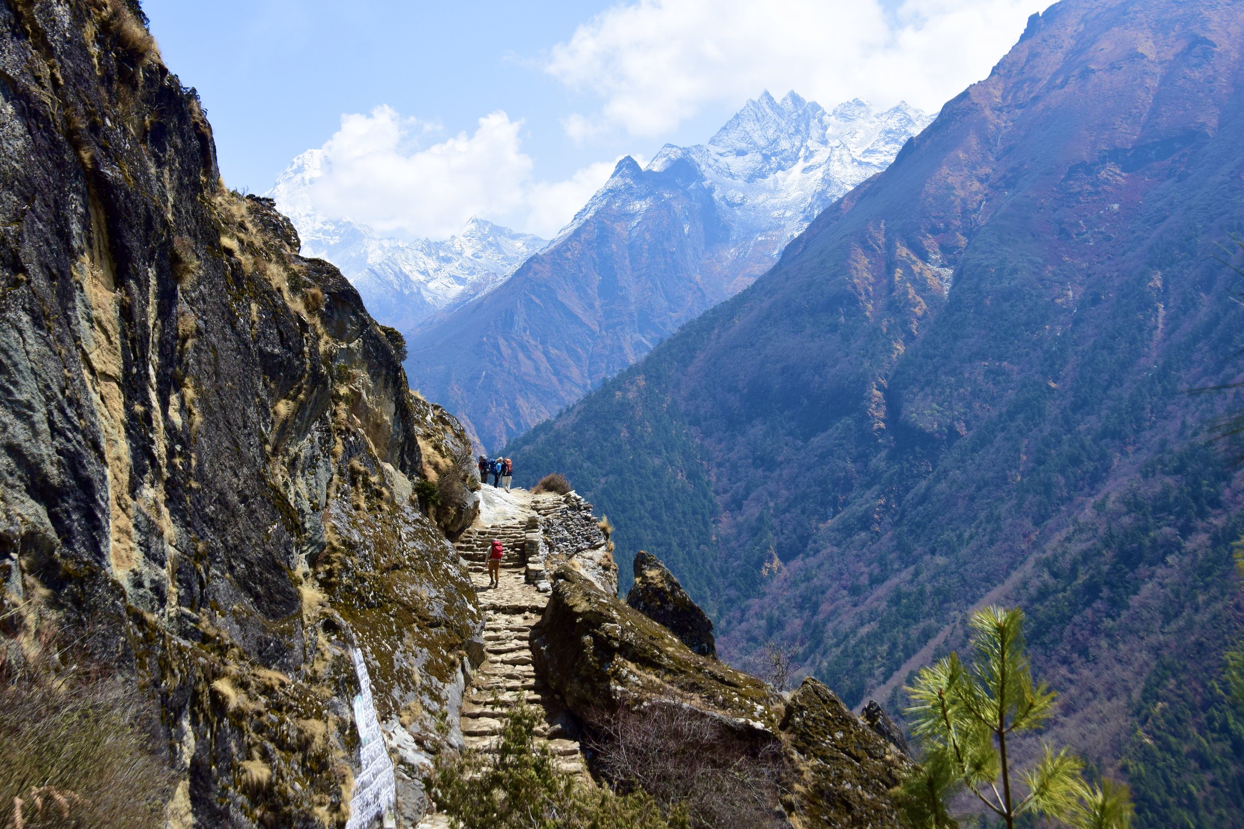 Hiking trail along a mountain cliff with hikers and snow-capped peaks in the background.