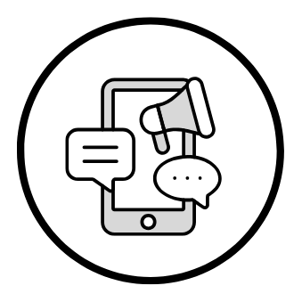 A smartphone with a chat bubble, a wine glass, and a fork and knife icon overlayed, all in black and white.