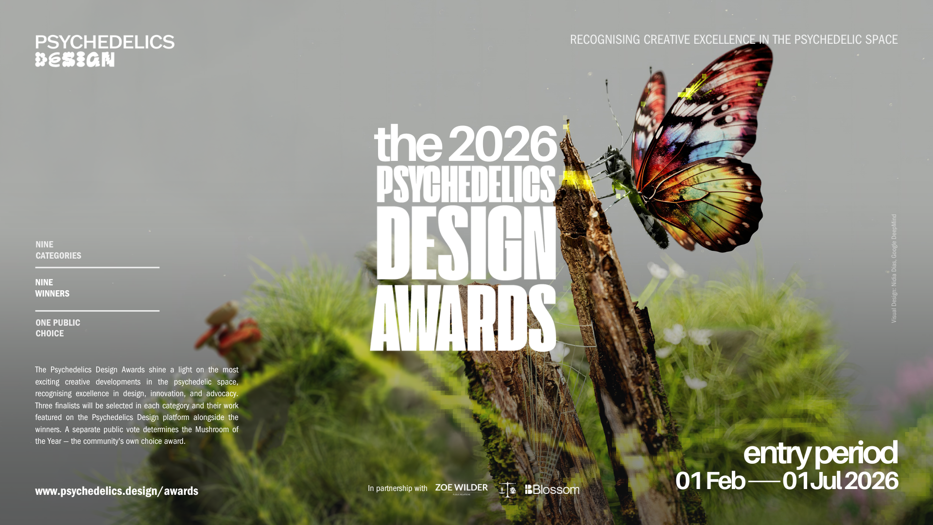 Promotional image for the 2026 Psychedelics Design Awards, showing a colorful butterfly perched on a piece of wood with moss and fungi, with text about the awards and categories.