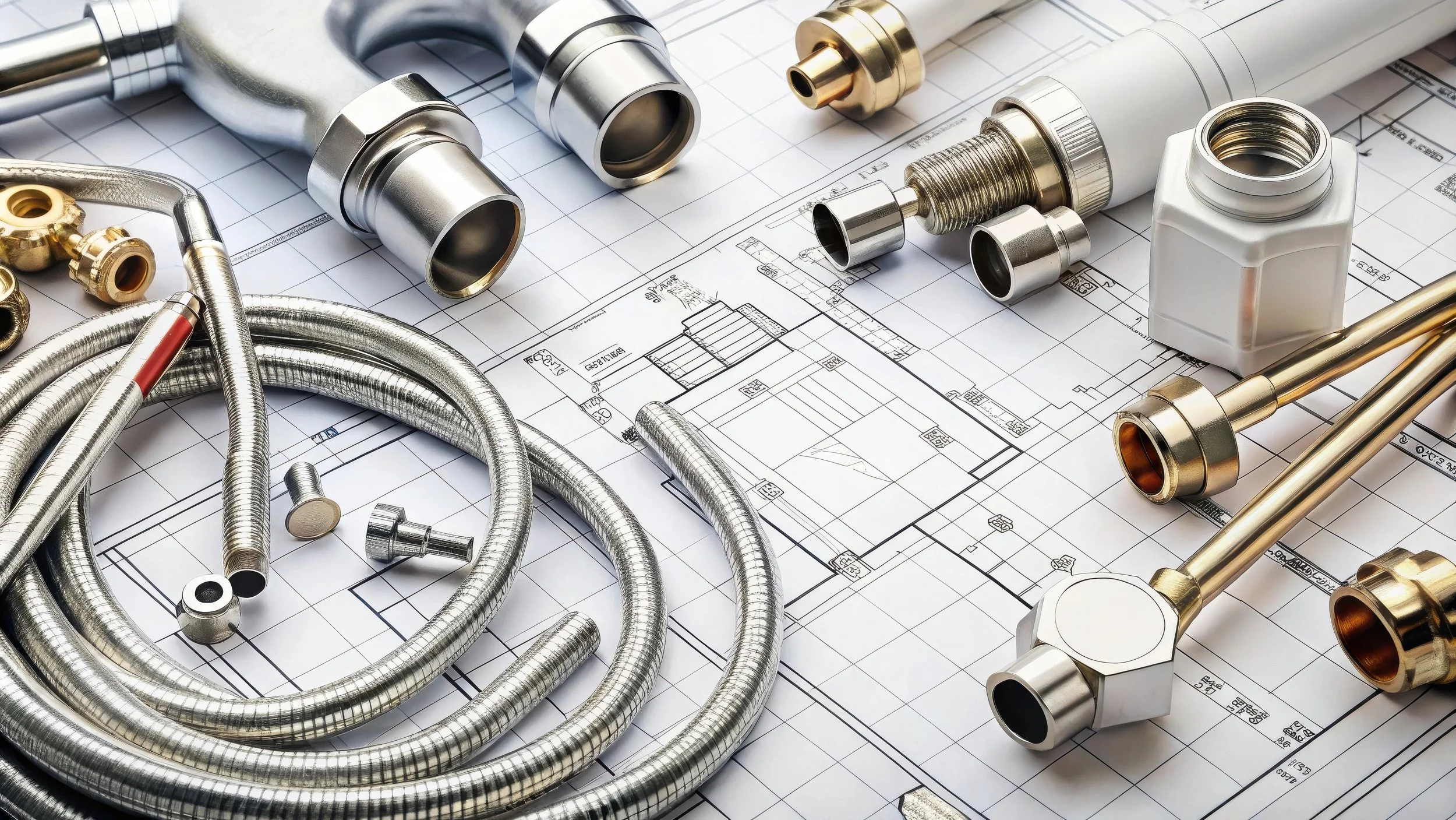 Industrial pipes and infrastructure outdoors, with large silver pipes and supporting metal frameworks under a partly cloudy sky.