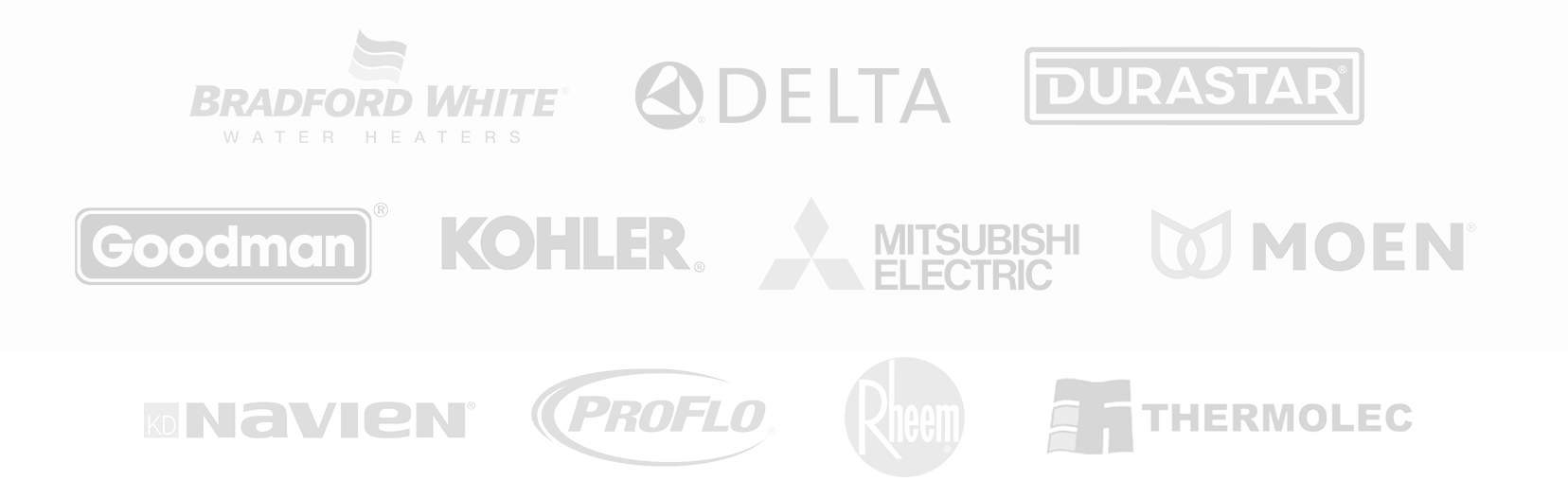 County Plumbing & Heating's trusted partners. List of logos including Bradford White, Delta, Durastar, Goodman, Kohler, Mitsubishi Electric, Moen, Navien, ProFlo, Rheem, Thermolec, and others.
