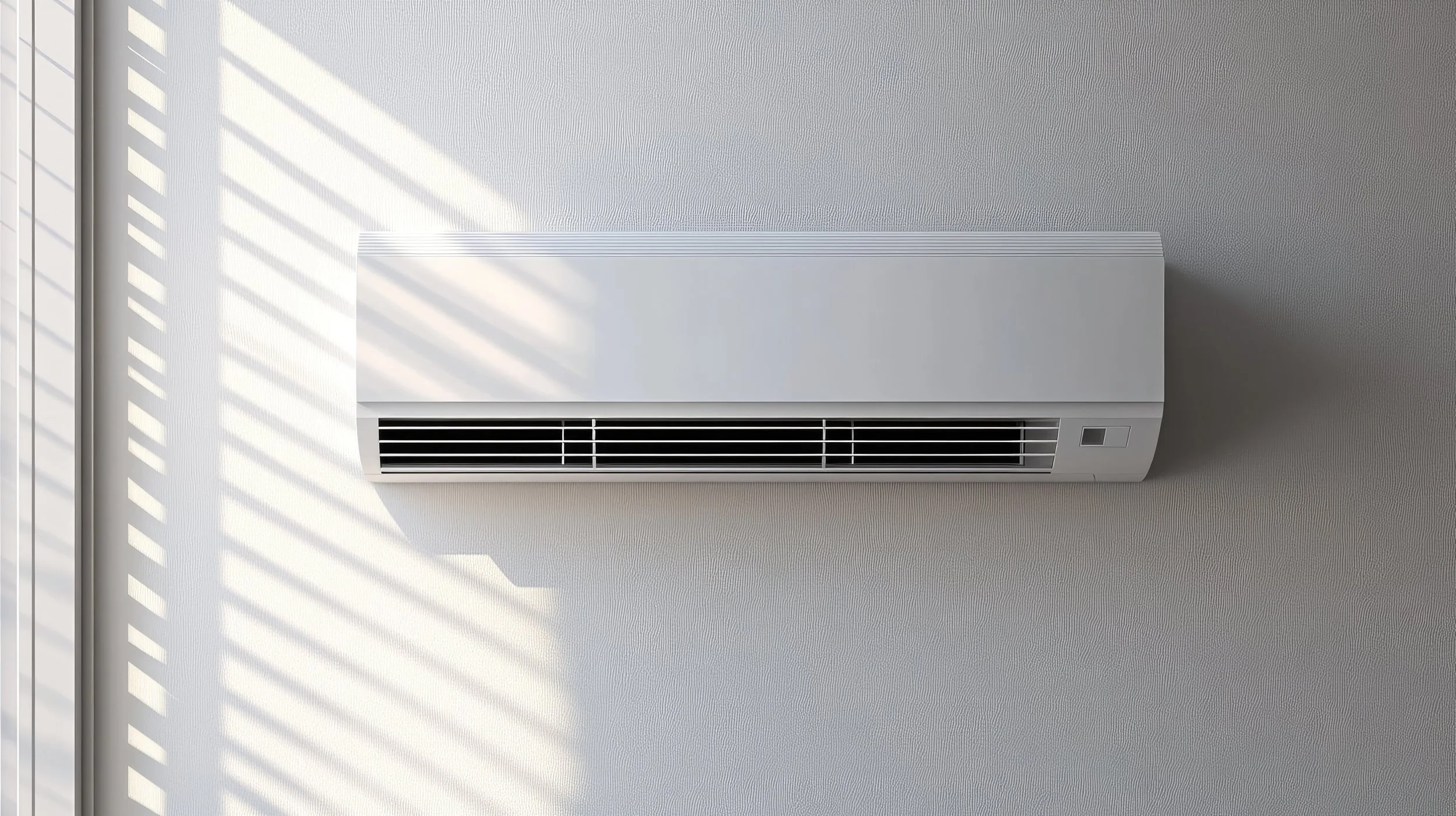 A person holding a remote control pointing at a wall-mounted air conditioner unit.