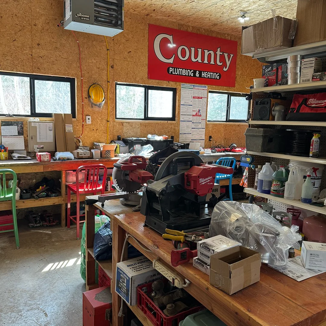 Our shop with power tools, shelves stocked with supplies in Lusten, MN.
