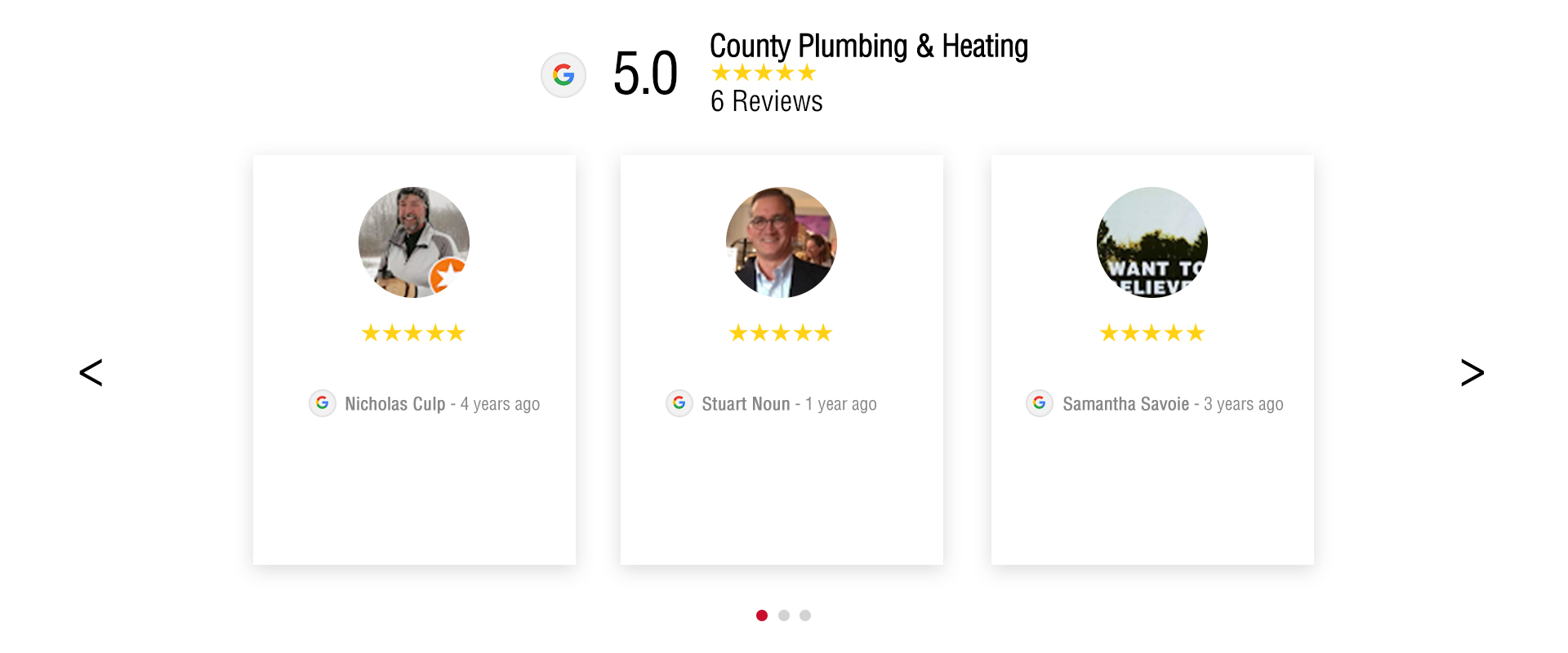 Google reviews section for County Plumbing & Heating with an overall rating of 5.0 stars based on 6 reviews, featuring profile pictures and names of three reviewers.