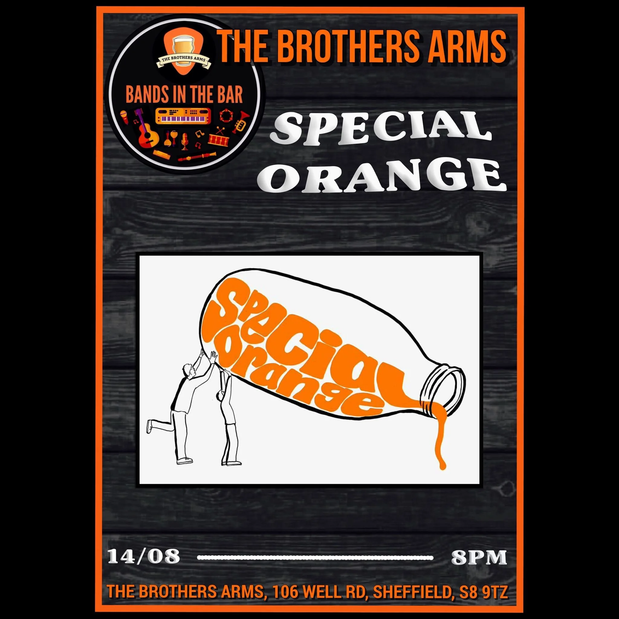 🎶🎶 TONIGHT 🎶🎶
SPECIAL ORANGE is performing on the Brothers stage tonight at 8pm! They are a 90&rsquo;s, 00&rsquo;s and Indie cover band based in Sheffield! Come down and enjoy some live music this evening!