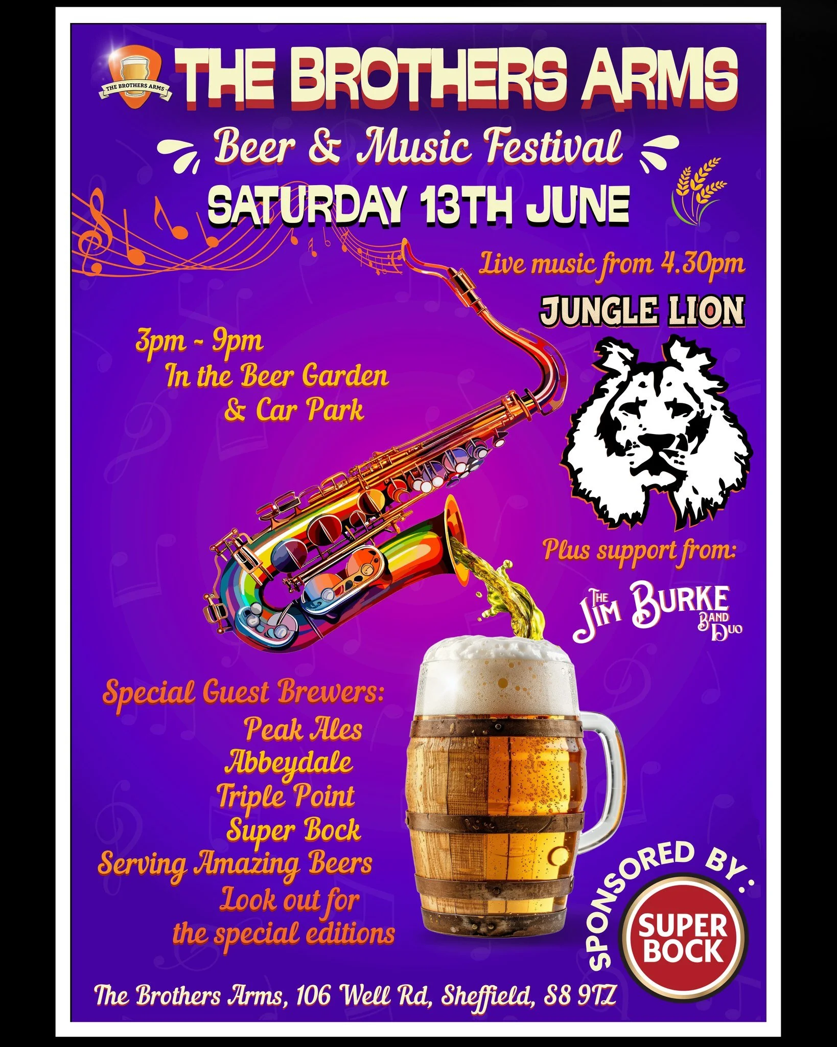 Our headliner for our Beer &amp; Music Festival is JUNGLE LION!! They will be performing from 6:30pm with support from The Jim Burke Band Duo from 4:30pm! They'll be breaks between sets so you can get pints and food! Get it in your calendars and come