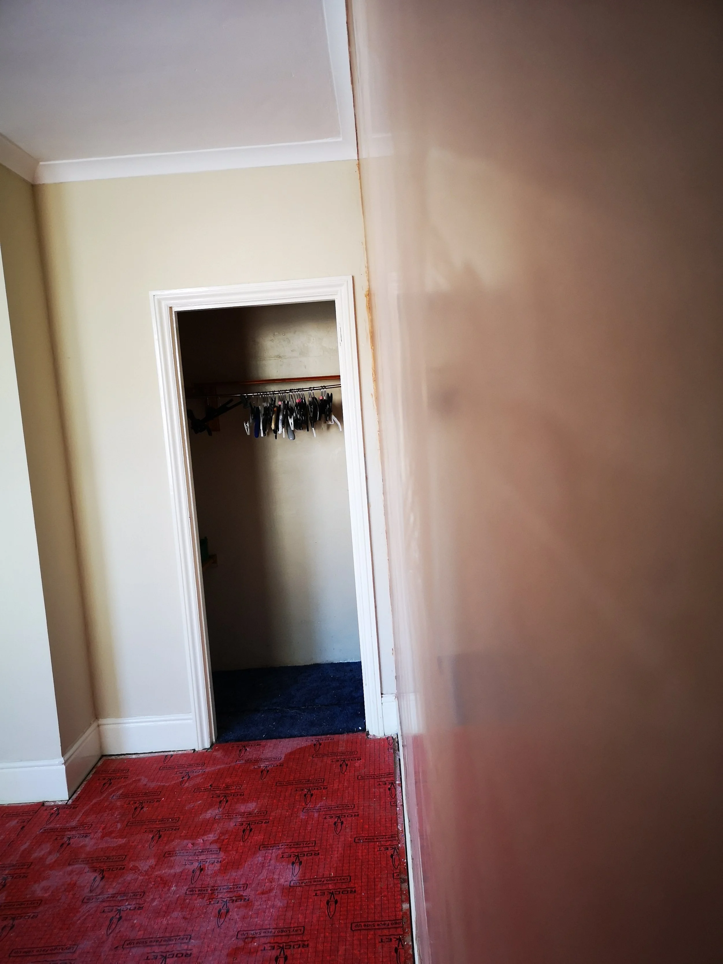 Interior view of a closet with barely visible hangers and some clothing, seen through an open doorway from a room with a red patterned carpet and beige walls.