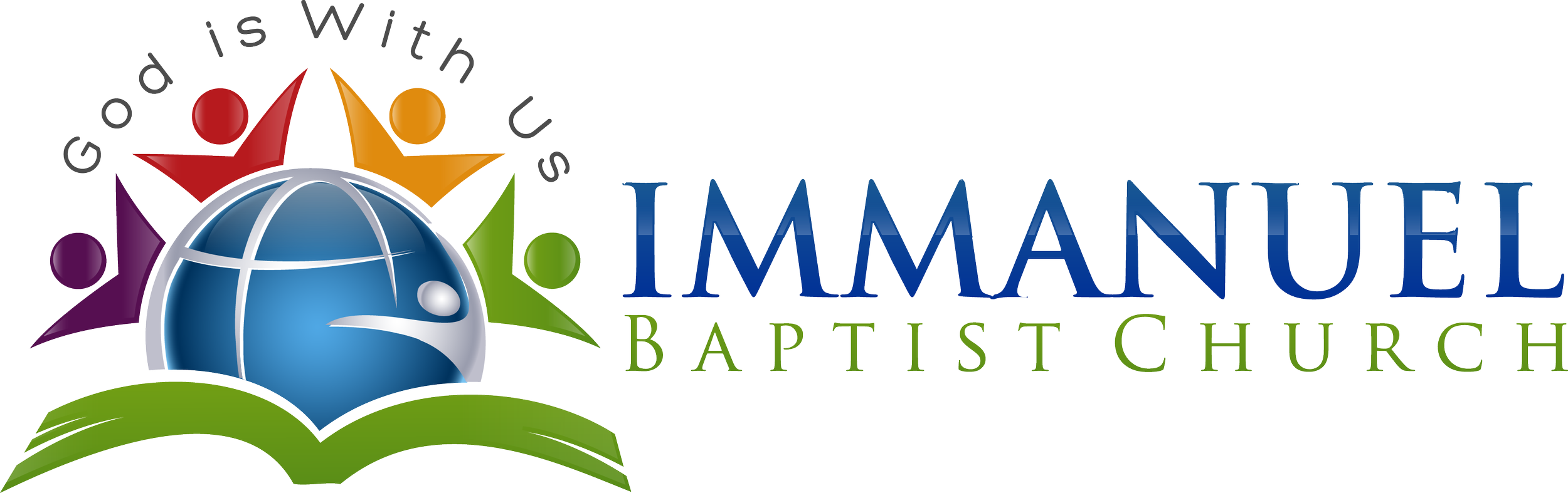 Logo of Immanuel Baptist Church featuring a globe, colorful human figures, and the church's name with stylized text.