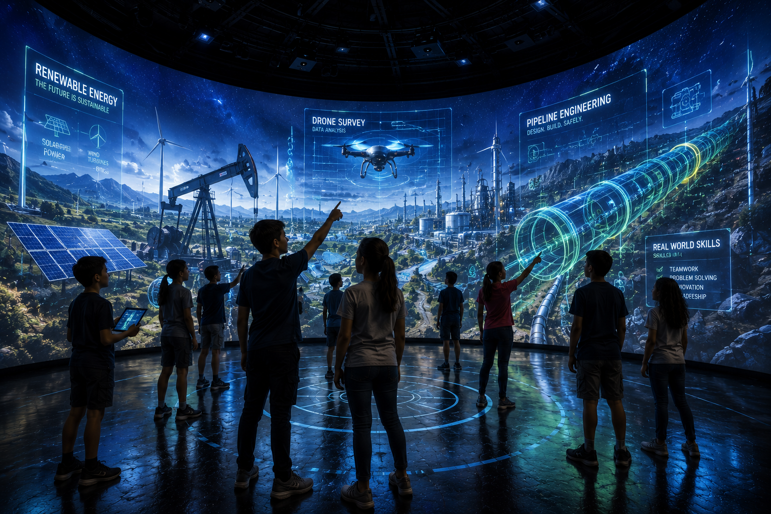Group of children observing a futuristic digital display about renewable energy, drone surveys, pipeline engineering, and real-world skills in a science exhibit.