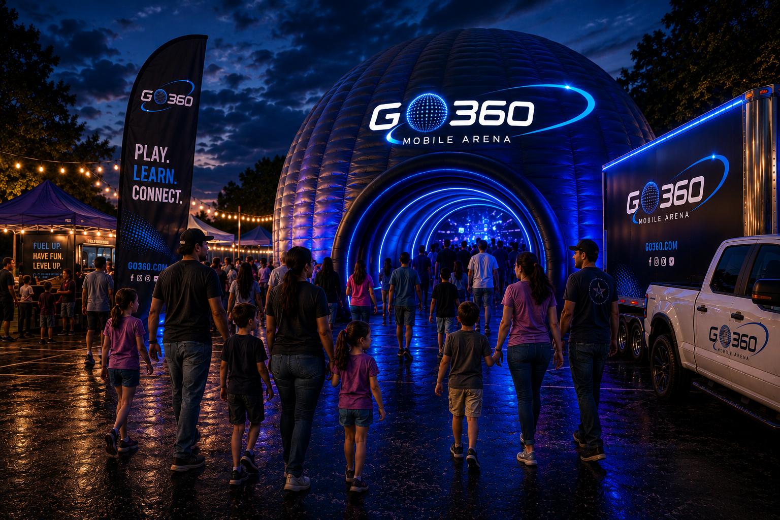 People entering G360 Mobile Arena at night, illuminated blue with neon signs, wet ground, tents, and a truck advertising G360, with a cloudy sky overhead.