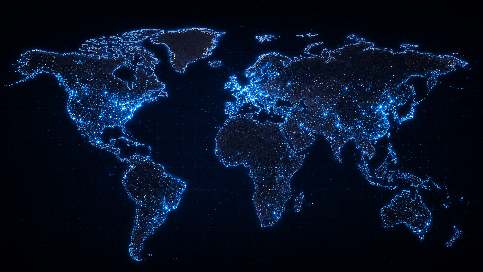 Digital illustration of a world map with glowing blue connecting points and lines on a dark background.
