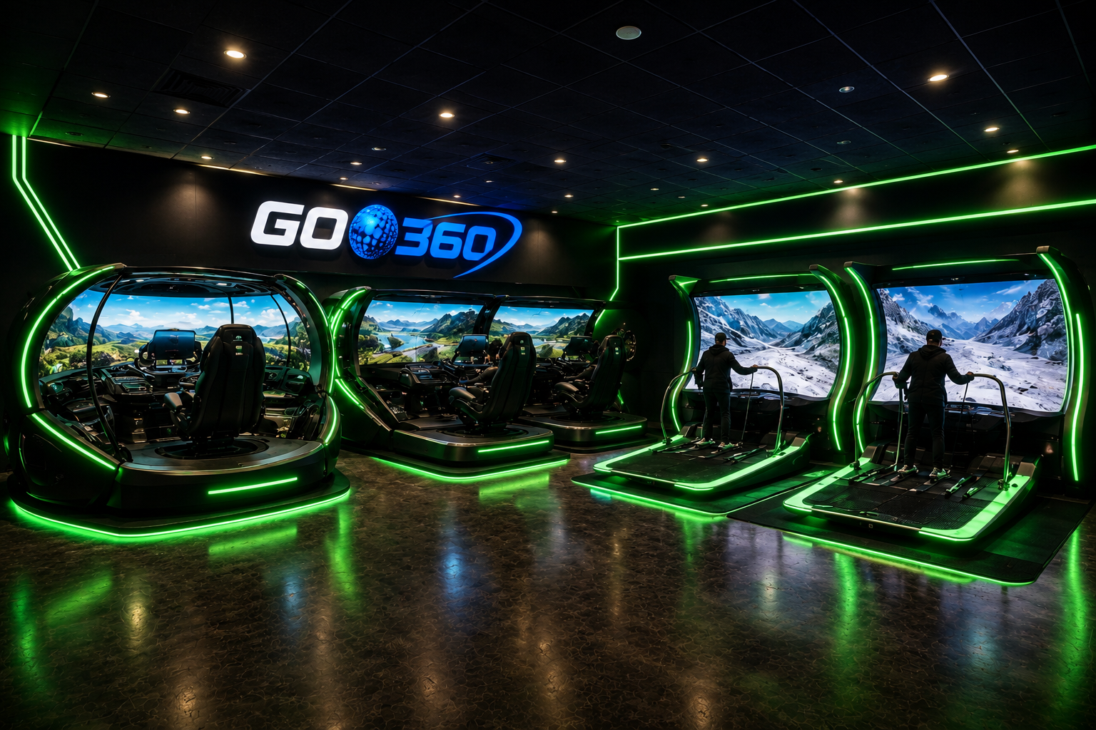 Indoor virtual reality gaming center with multiple simulation pods and large screens, illuminated with green neon lights, featuring a sign that says GO 360.