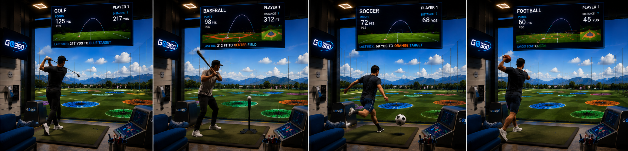 Series of four images of people playing golf, baseball, soccer, and football on an indoor golf simulator with a large digital screen displaying game statistics.