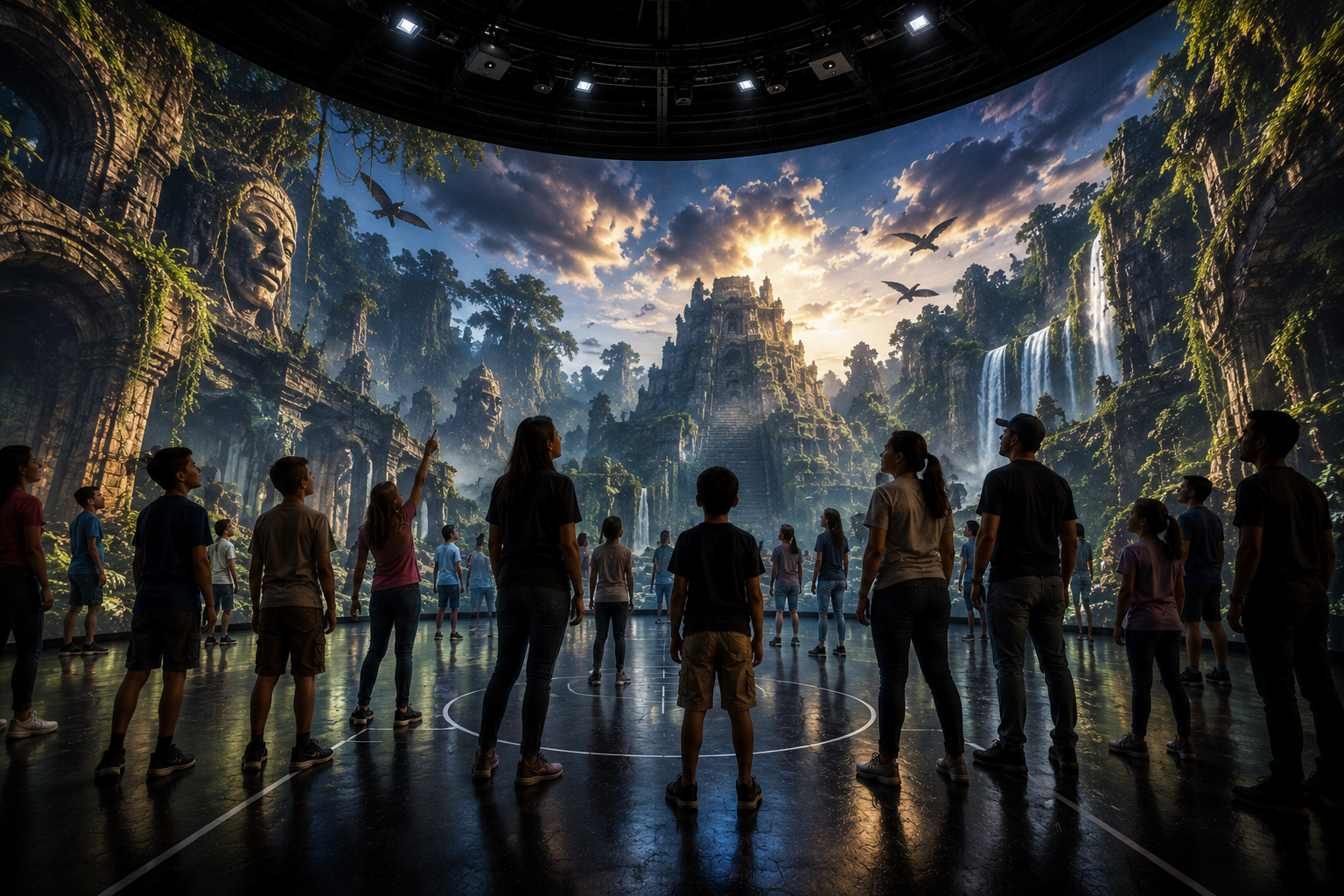 A group of people standing inside a large room with a high ceiling, looking at a massive indoor projection or digital display depicting a lush, ancient jungle scene with waterfalls, temples, large stone faces, and flying birds, resembling a scene from a movie or virtual reality experience.