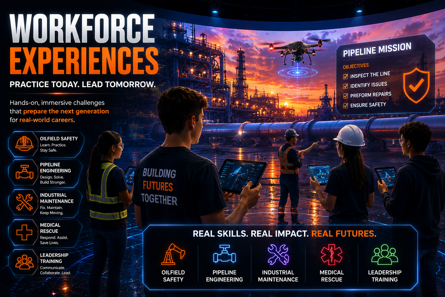 Students participating in an immersive workforce development experience inside GO360 Arena, using interactive technology to explore pipeline engineering, industrial safety, leadership, medical response, and real-world career pathways.