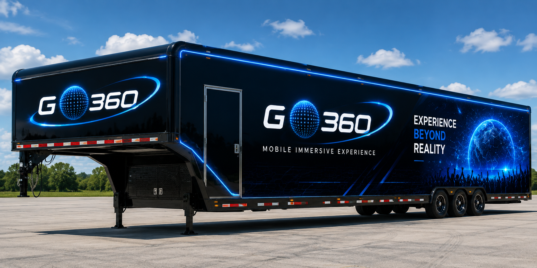 A large black trailer with branding for G360 and a digital globes and network graphics. The words 'Mobile Immersive Experience' and 'Experience Beyond Reality' are visible on the side. The trailer is parked on an open lot under a partly cloudy sky.