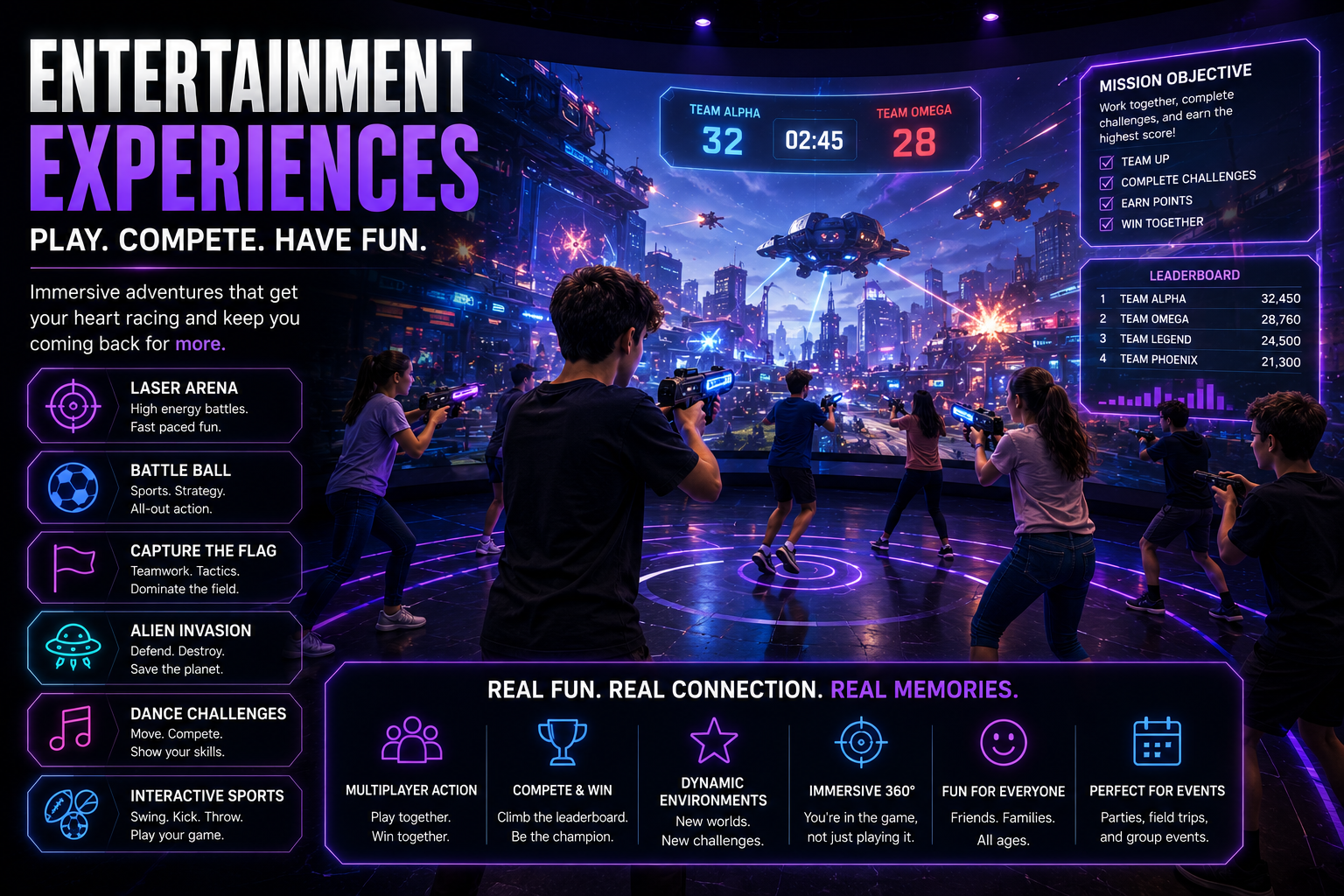 Kids playing laser tag in a futuristic indoor arena with a large digital screen showing a space combat game, team scores, and mission objectives.