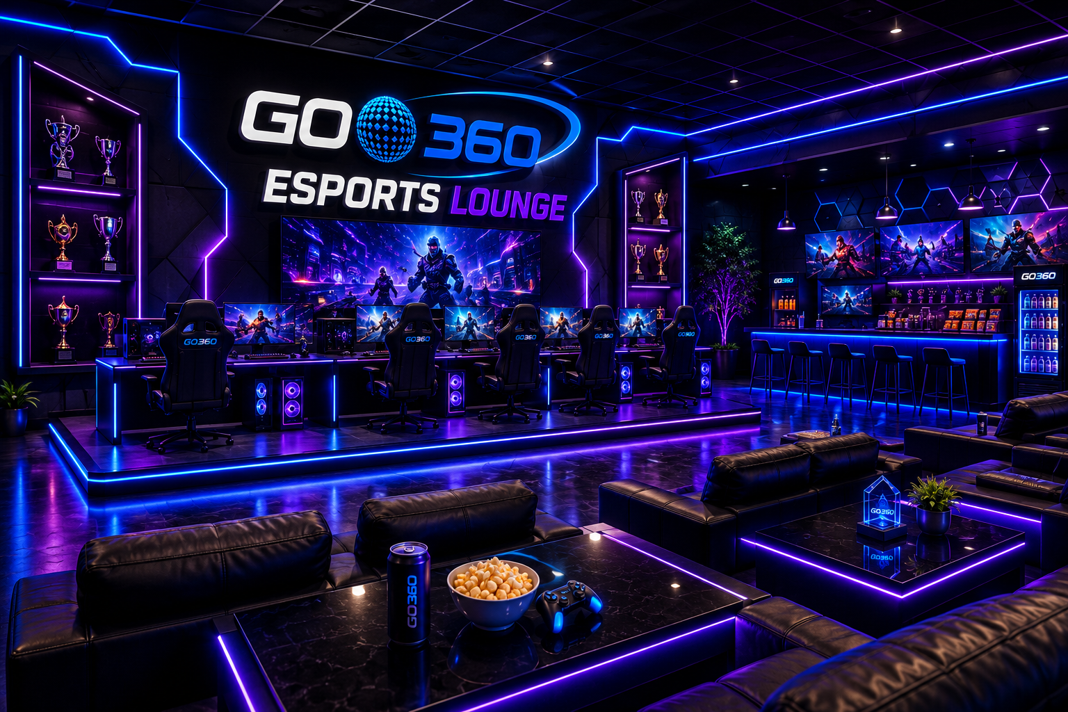 A futuristic esports lounge with multiple gaming stations on a stage, illuminated with neon purple and blue lights. The lounge features a large screen with a video game scene, gaming chairs with GO360 branding, and trophy displays. There are additional monitors and a bar area with seating, neon plants, and cozy black couches with a table holding popcorn, snacks, and drinks.