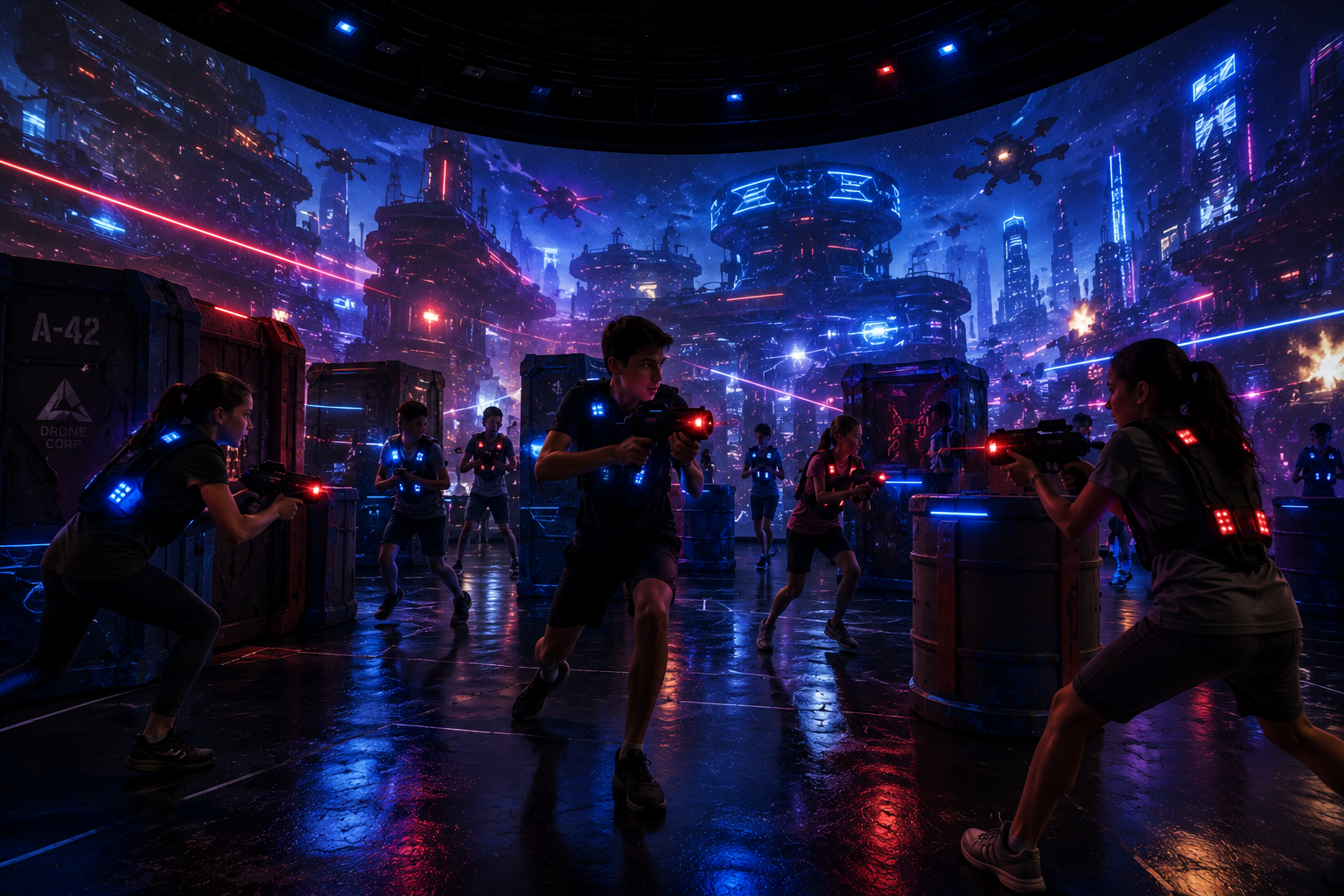 Children playing laser tag in a futuristic, neon-lit indoor arena with a sci-fi cityscape backdrop.