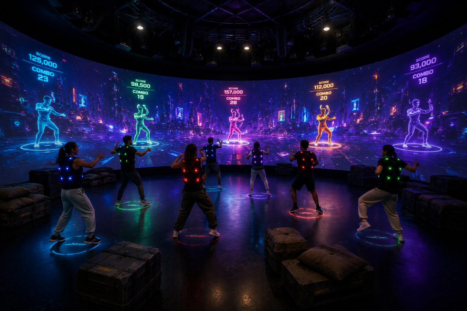 People participating in a virtual dance or fitness class with a large, colorful digital cityscape projection on the wall, showing animated dancers and scores.