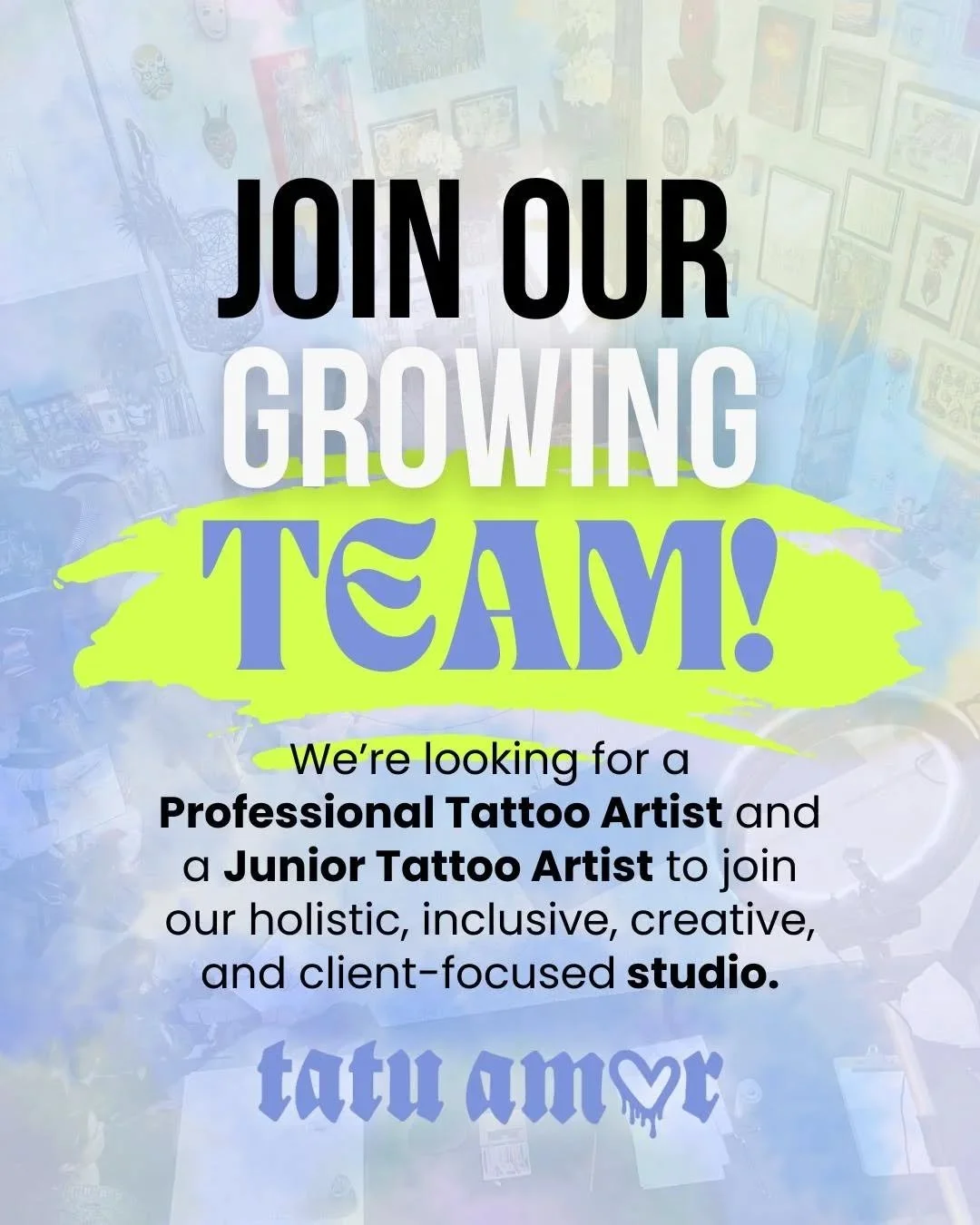 🚨 We&rsquo;re Hiring! 🚨
Tatu Amor is expanding and we&rsquo;re calling in powerful artists to join our team:

🖤 EXPERIENCED TATTOO ARTIST
&rarr; 2+ years in a shop setting
&rarr; Strong portfolio &amp; client base

🖤 JUNIOR TATTOO ARTIST
&rarr; 1