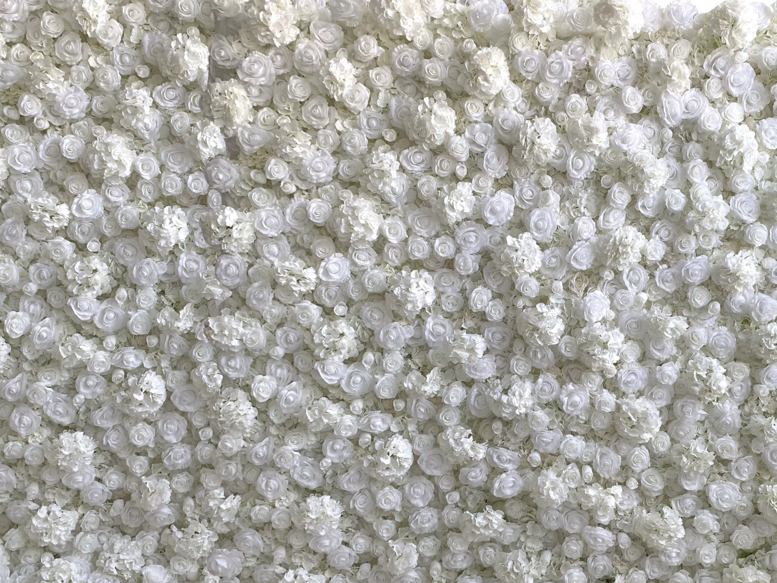 A dense wall of white artificial flowers, including roses and carnations.