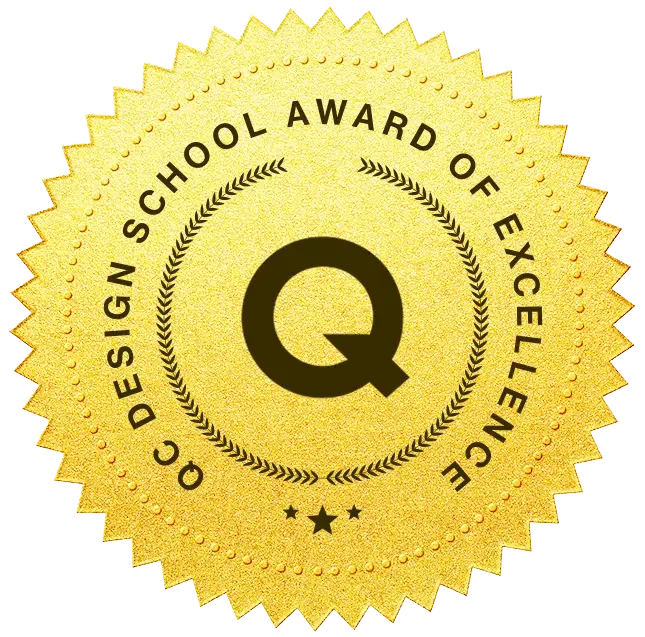 A  medal or award badge from QC Design School, Design School Award of Excellence.
