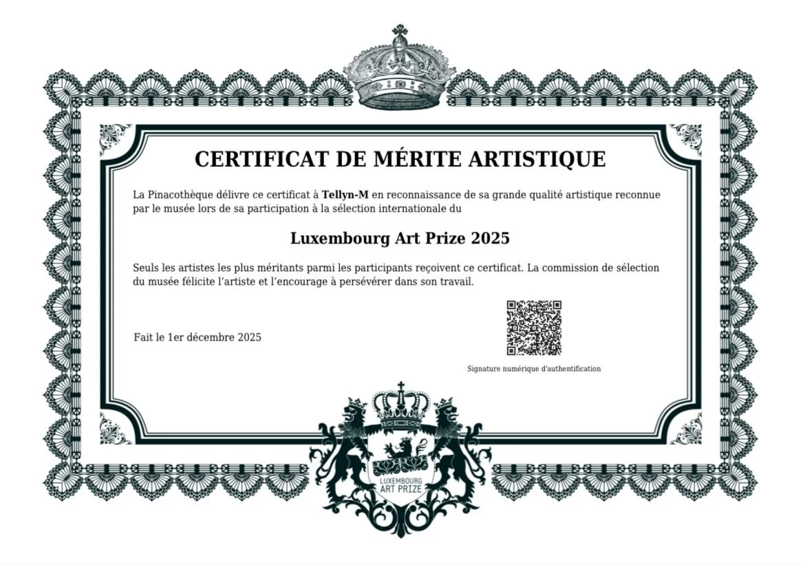 Une belle nouvelle dans mon parcours artistique.
Dans le cadre du Luxembourg Art Prize 2025, la Pinacoth&egrave;que m&rsquo;a remis un Certificat de M&eacute;rite Artistique reconnaissant la qualit&eacute; de mon travail et l&rsquo;int&eacute;r&ecirc
