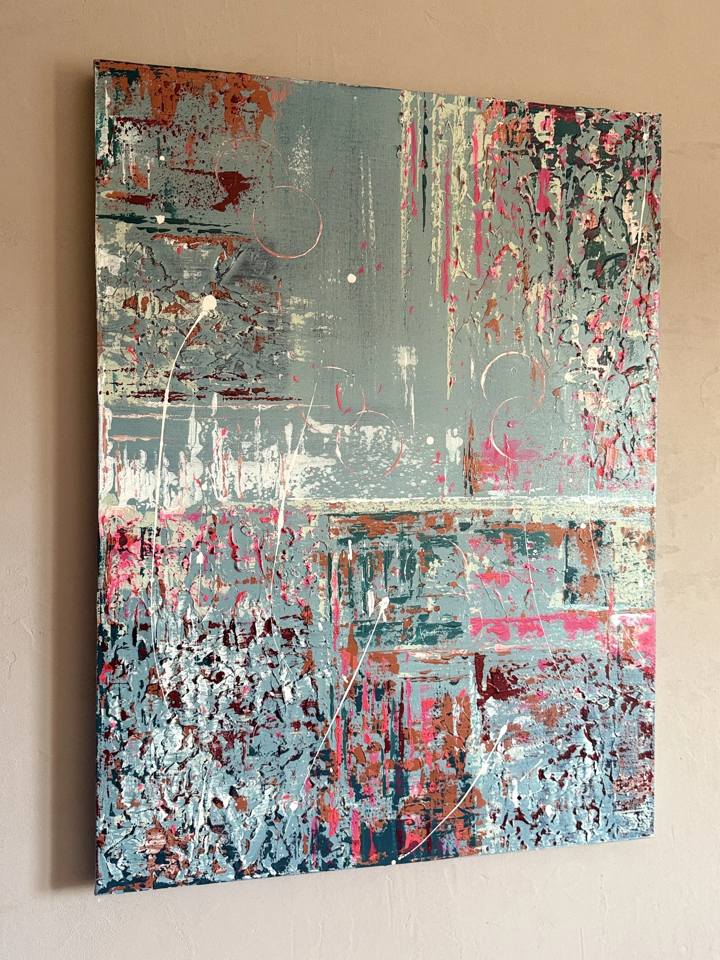 Peinture abstraite avec des couleurs pastel, des lignes et des cercles.