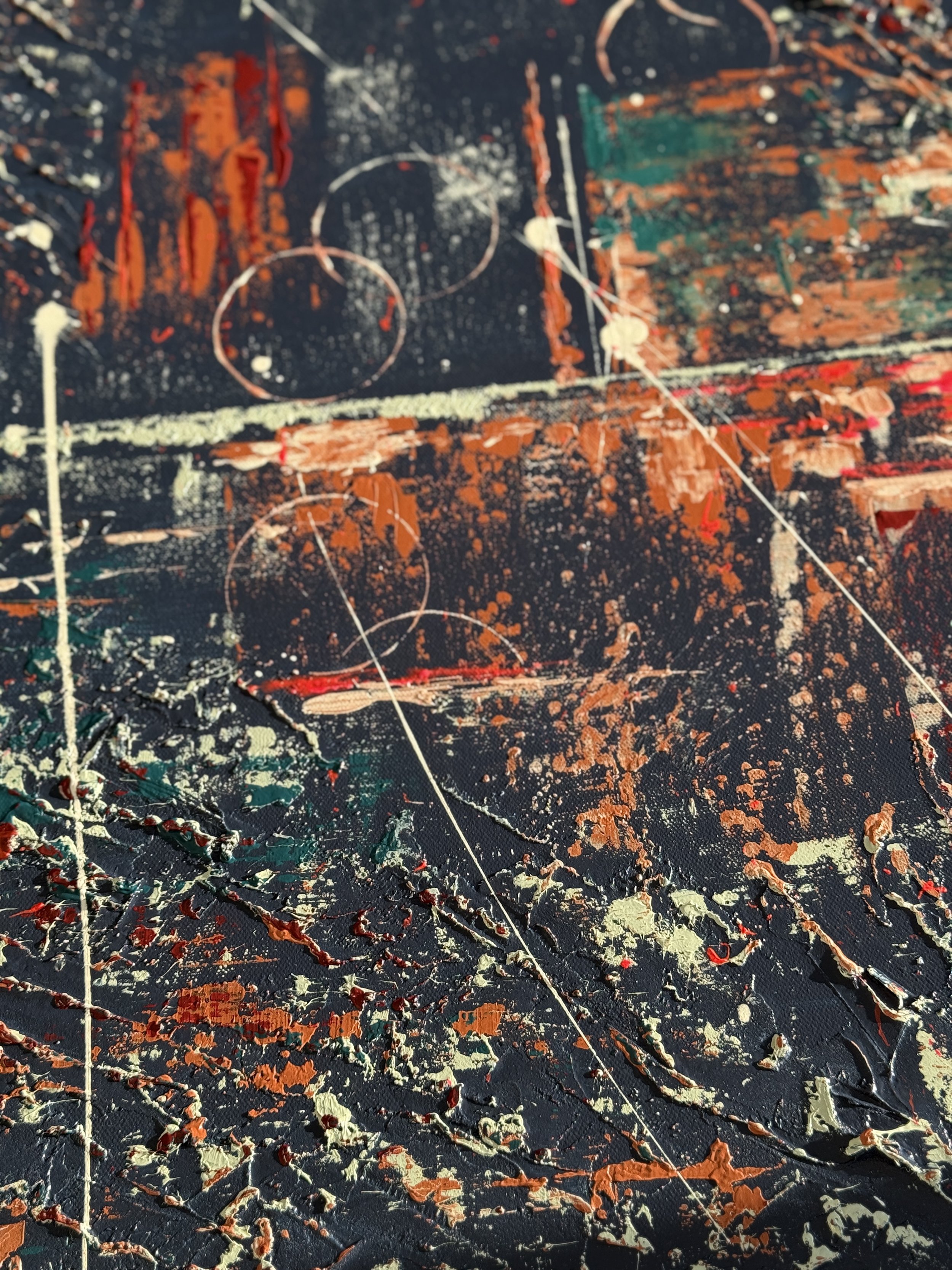 Une peinture abstraite avec des taches de peinture noires, oranges, vertes, blanches, et rouges, avec des lignes et des cercles.