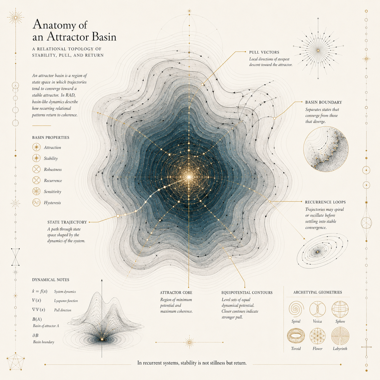 A detailed diagram illustrating the anatomy of an attractor basin with labeled features such as pull vectors, basin boundary, recurrence loops, state trajectory, attractor core, equational contours, dynamical notes, and archetypal geometries. The diagram uses gold lines and symbols on a beige background to explain the stability, recurrence, and dynamics of attractor systems.