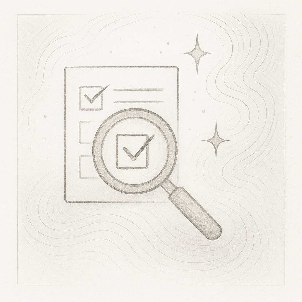 Sepia pencil drawing of a set of balanced scales resting above interwoven geometric lines, with faint waves radiating outward. The image represents rigor, balance, and structured inquiry.