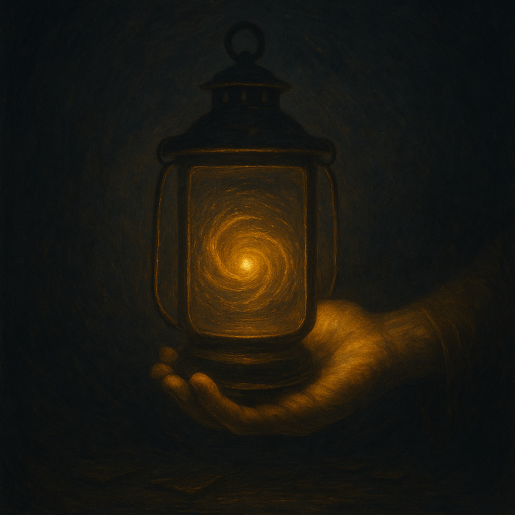 A lantern held in a hand — lighting the darkness. Inside the lantern, instead of a flame, a small swirling basin of gold light, like a miniature galaxy.