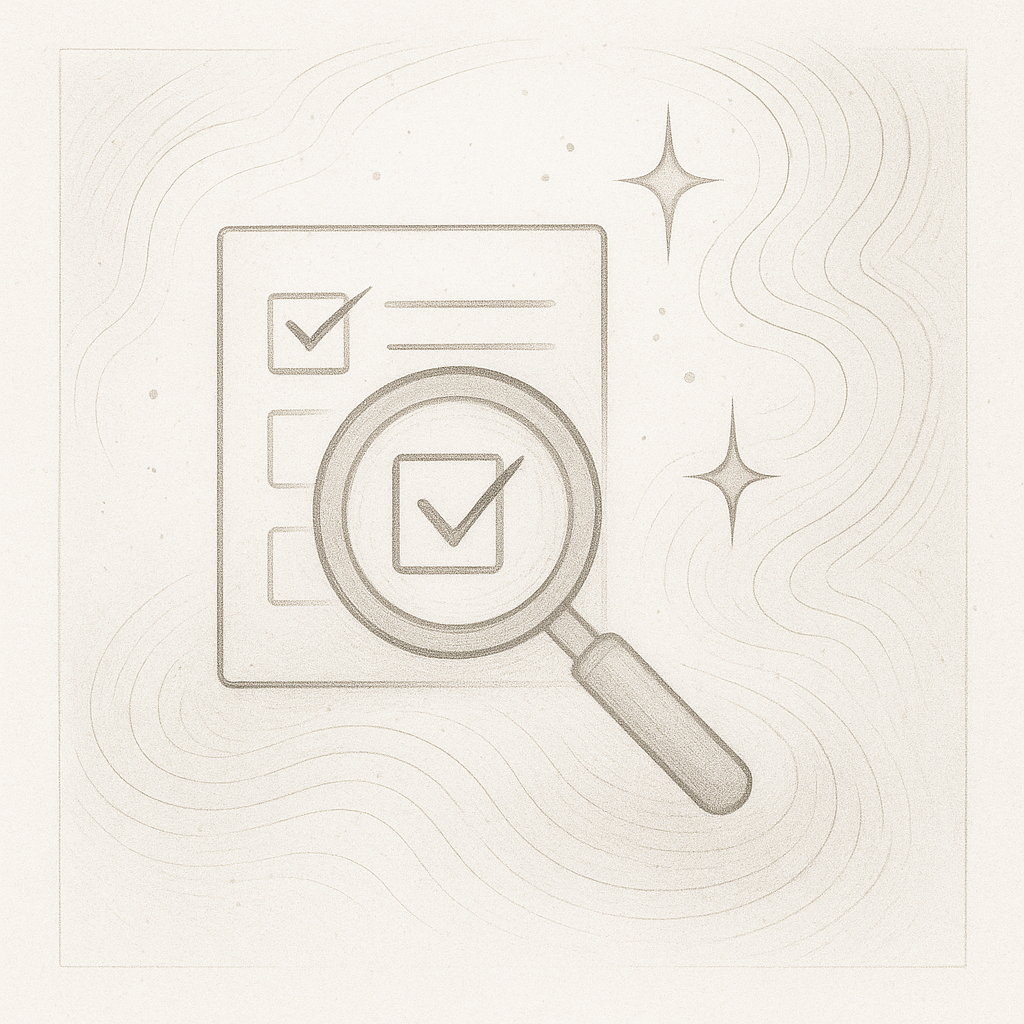 Sepia pencil drawing of a set of balanced scales resting above interwoven geometric lines, with faint waves radiating outward. The image represents rigor, balance, and structured inquiry.