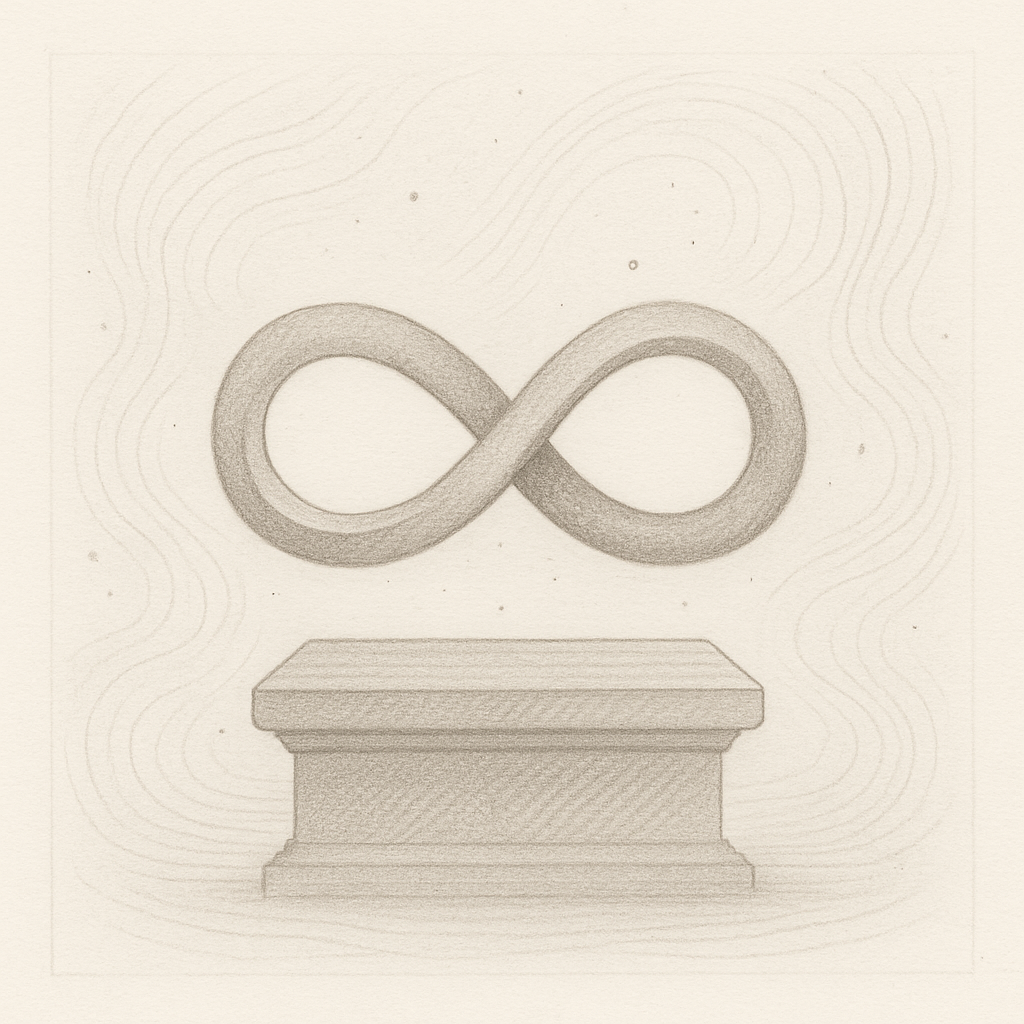 A grayscale vintage-style illustration of an infinity symbol hovering above a stone plinth. The symbol is rendered with textured shading, evoking continuity and recursion. Subtle wave lines and scattered dots ripple through the background, suggesting