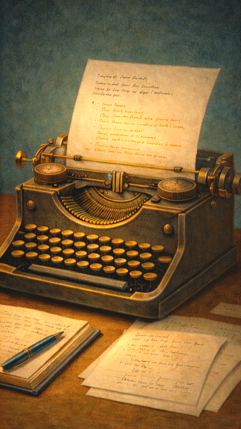 A storybook-style illustration of an antique typewriter on a wooden desk, surrounded by handwritten pages and a fountain pen, bathed in warm, nostalgic light.