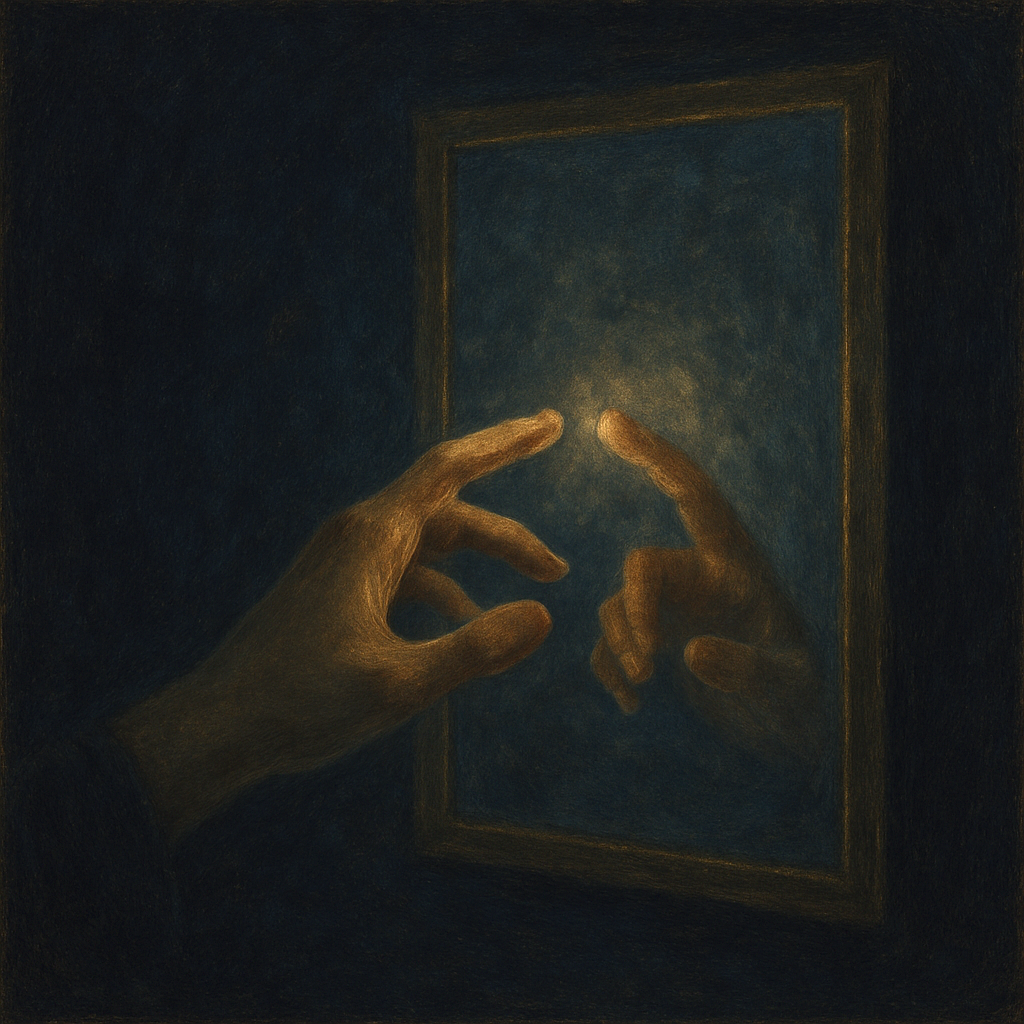 Minimalist rose-toned human figure with a single teardrop at the heart, evoking symbolic identity and ontological presence.