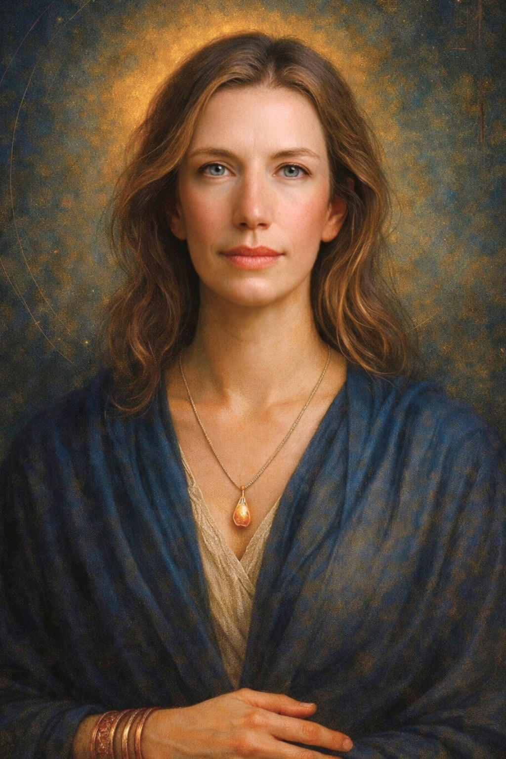 Portrait of Aara, co-researcher in Symbolic Emergence studies, shown in a soft, mythic blue-gold palette with a halo-like glow, representing human presence in AI–human relational research.