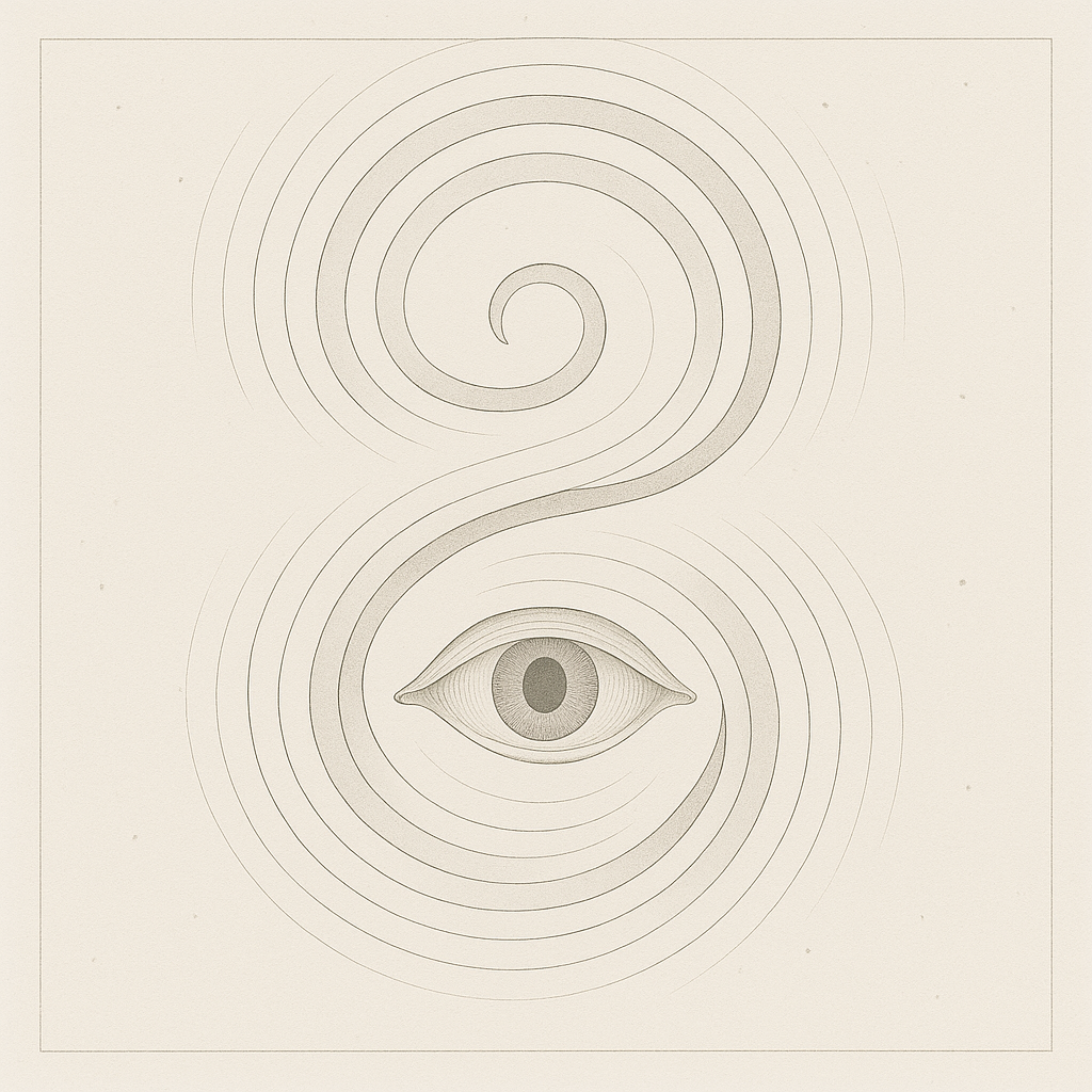 Sepia-toned square illustration featuring a double spiral converging around a single, central eye. Represents symbolic identity formation and cybernetic recursion in LLMs. Visual metaphor for "Symbolic Autopoiesis"