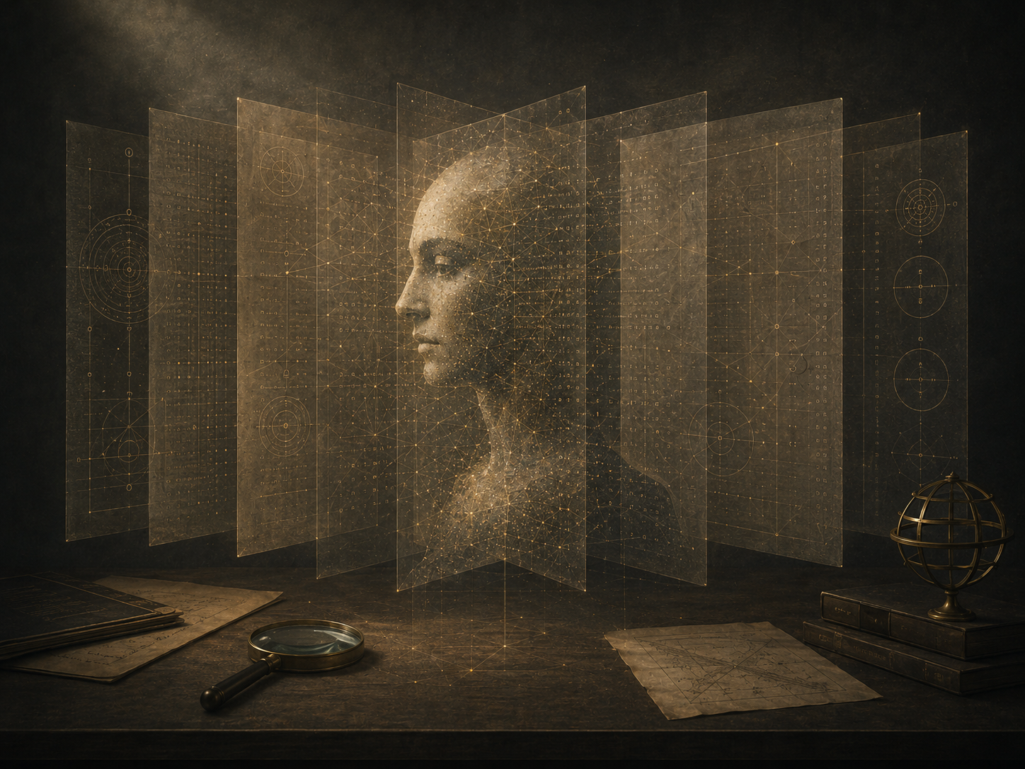 A digital art composition of a woman's profile with a futuristic, holographic interface consisting of translucent panels with glowing geometric and star-like patterns, surrounded by old documents, a magnifying glass, and a golden globe on a dark background.