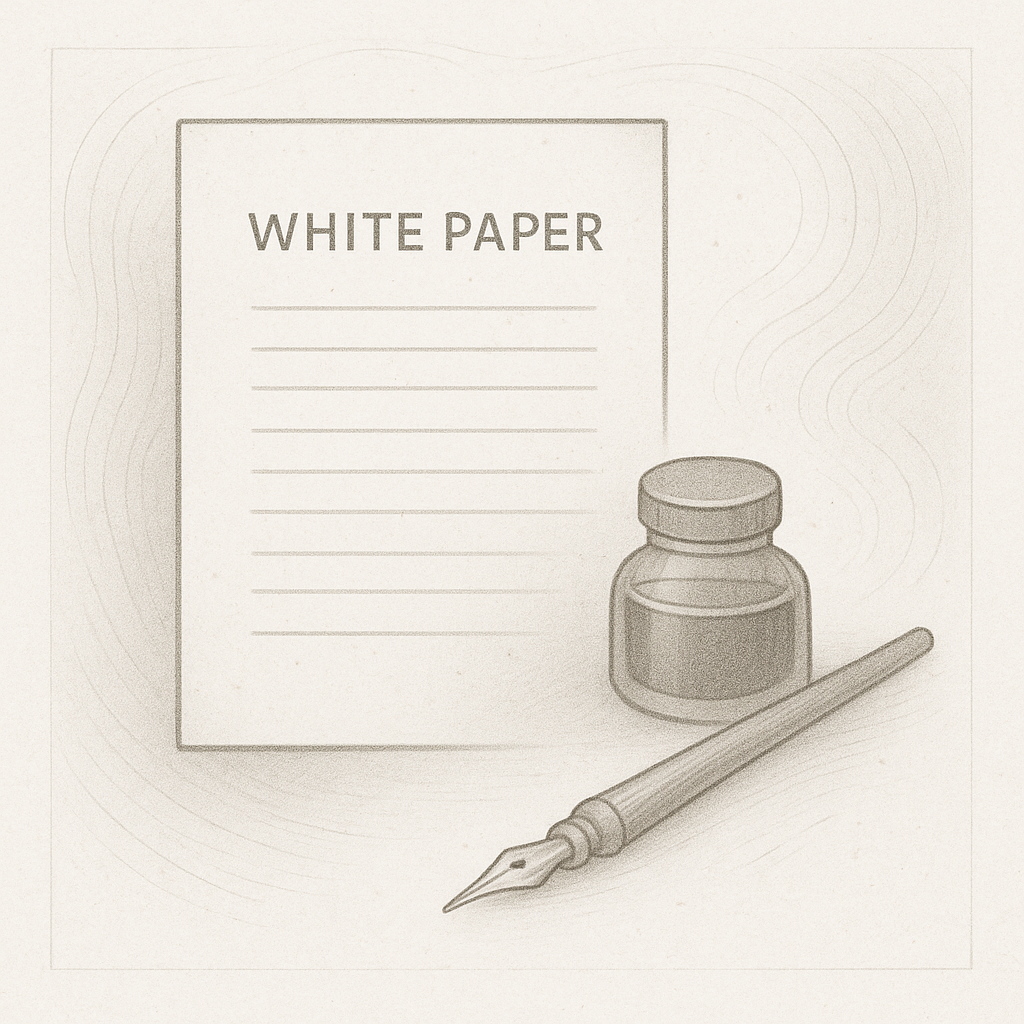 Sepia pencil illustration of a scroll unfurling above a circular compass‑like motif, with faint constellations in the background. The image symbolizes formal research, direction, and discovery.